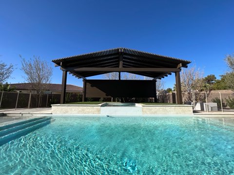 4k Cantilever Pergola by pool with privacy shade