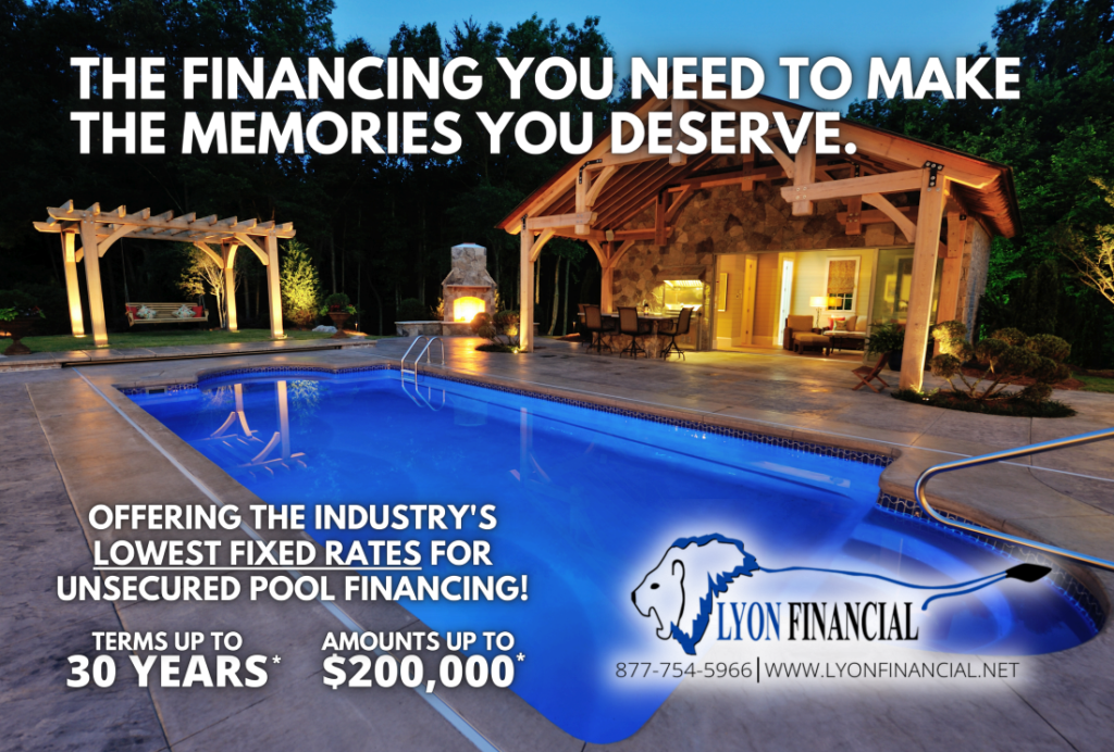 Financing offer with background image of backyard with pool and patio cover. Lowest fixed rates, terms up to 30 years, amounts up to $200,000