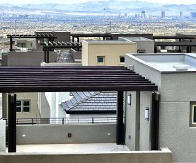 aerial view of open lattice rooftop patio cover in brown